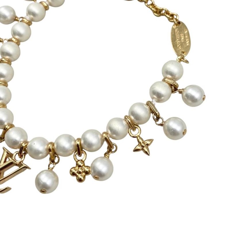 Louis Vuitton Bracelet Pearl River M1685a Monogram Flower LV Logo White Gold