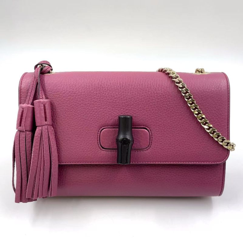 Gucci Bamboo Chain Leather Pink Purple Shoulder Bag Gold 387611