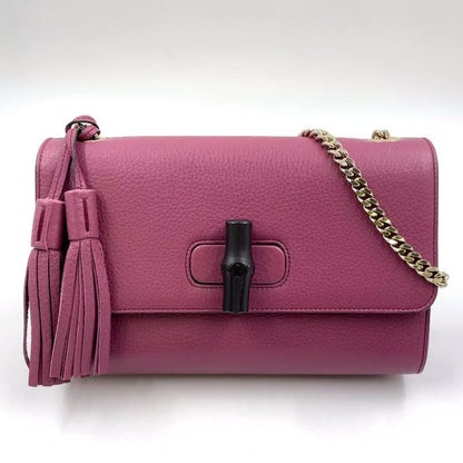 Gucci Bamboo Chain Leather Pink Purple Shoulder Bag Gold 387611