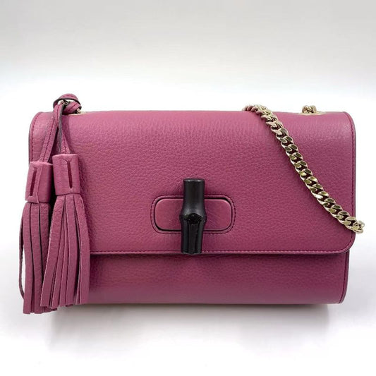 Gucci Bamboo Chain Leather Pink Purple Shoulder Bag Gold 387611