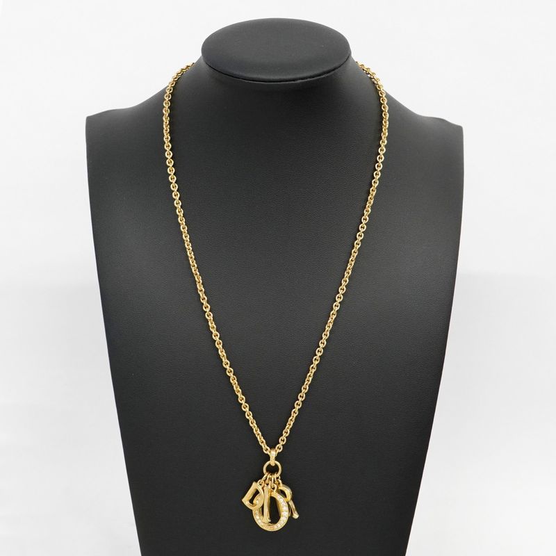 Christian Dior Necklace Dior Logo GP Plated Rhinestone Gold Ladies