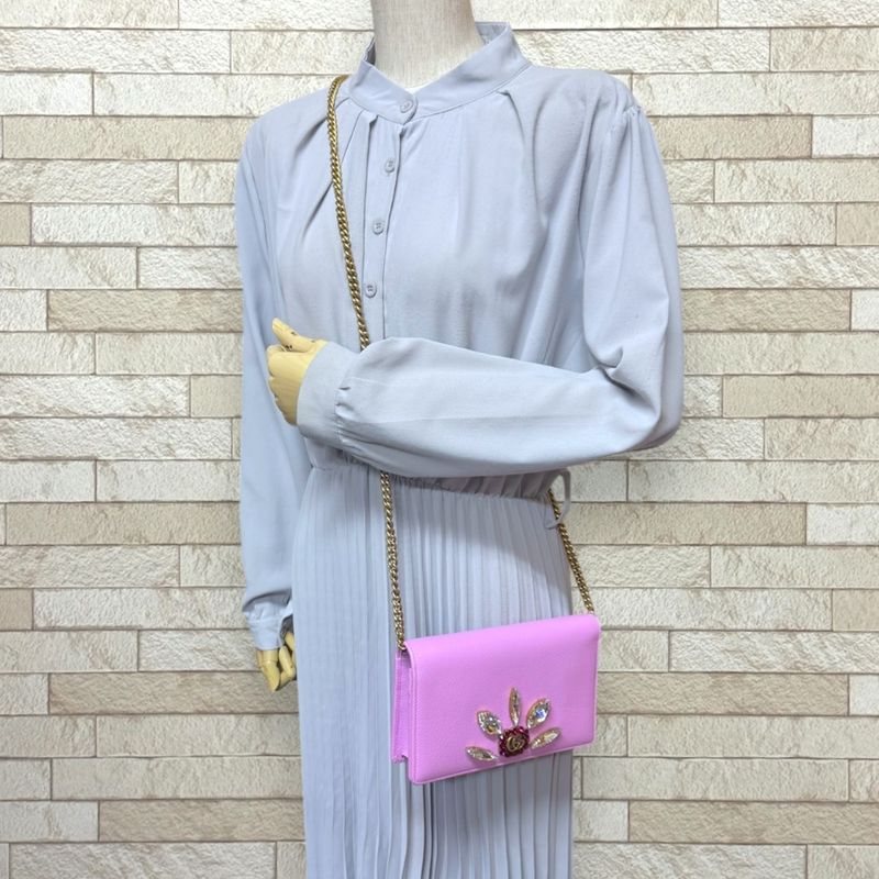 Gucci Crystal Bijoux GG Marmont Shoulder Bag Leather 499782 Pink Ladies Gucci