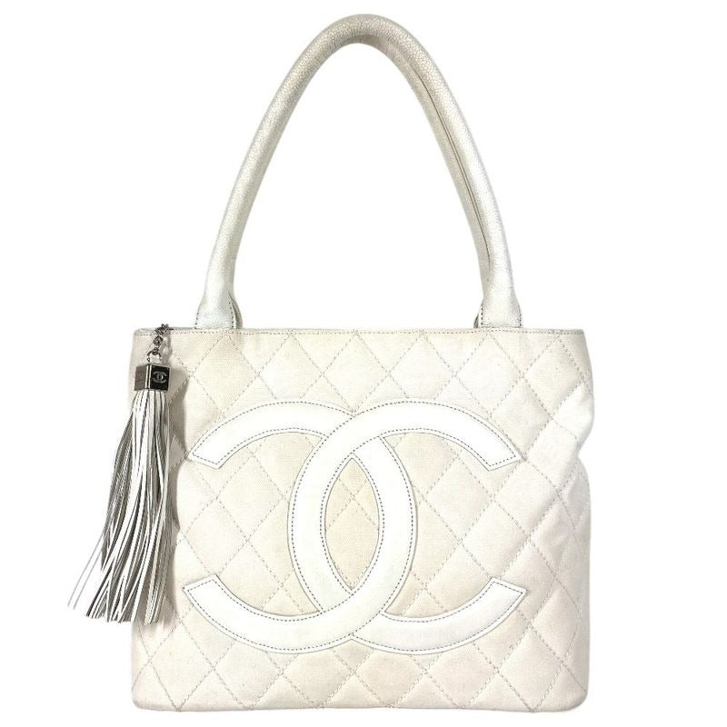 Chanel Shoulder Bag Reproduction Tote Fringe Tassel Leather Canvas White