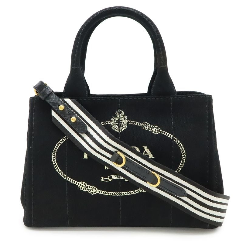 Prada Canapa Tote Bag 2-Way Shoulder Striped Crossbody Canvas Nero