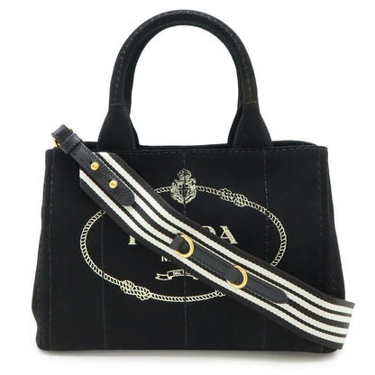 Prada Canapa Tote Bag 2-Way Shoulder Striped Crossbody Canvas Nero