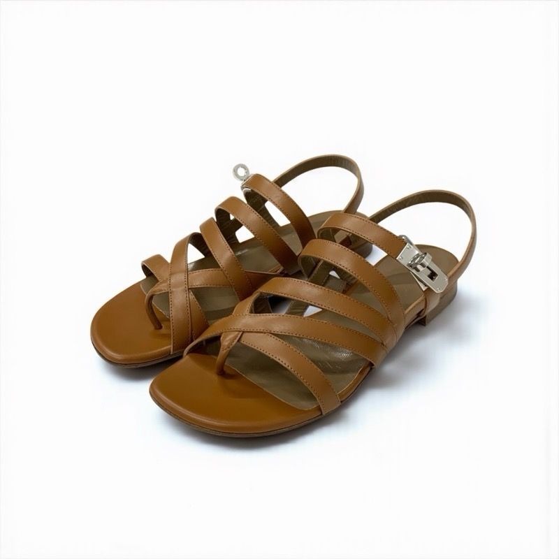 Hermes Sandals Shoes Leather Brown Silver Kelly Strap Flat