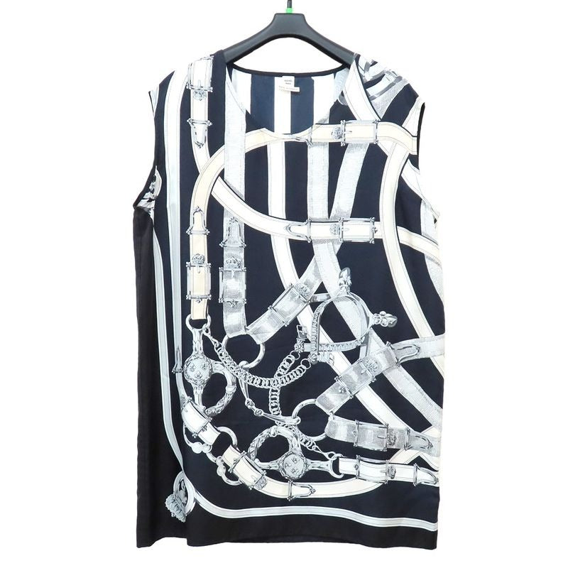 Hermes Sleeveless Tunic Silk Belt Pattern 42 Navy White Black Top