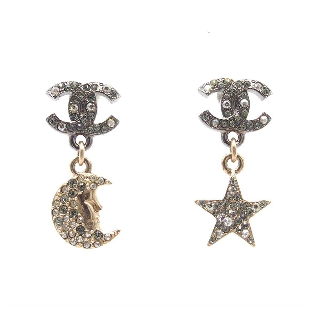 Chanel Earrings Swing CC Logo Crescent Star Silver Gold Metal Rhinestone