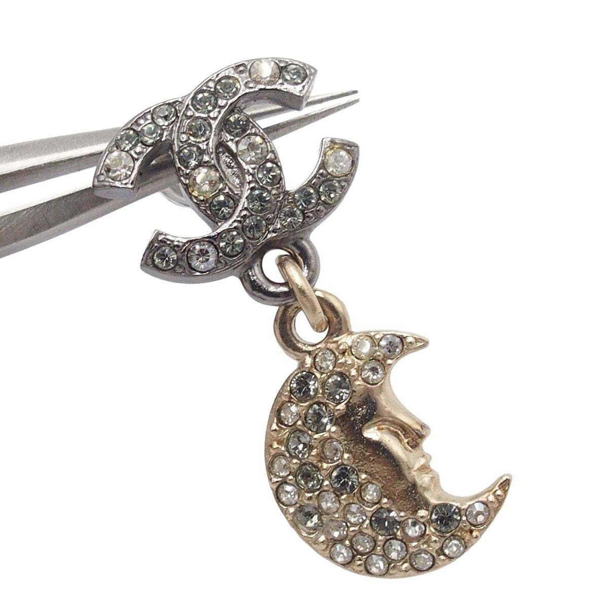 Chanel Earrings Swing CC Logo Crescent Star Silver Gold Metal Rhinestone — view 4