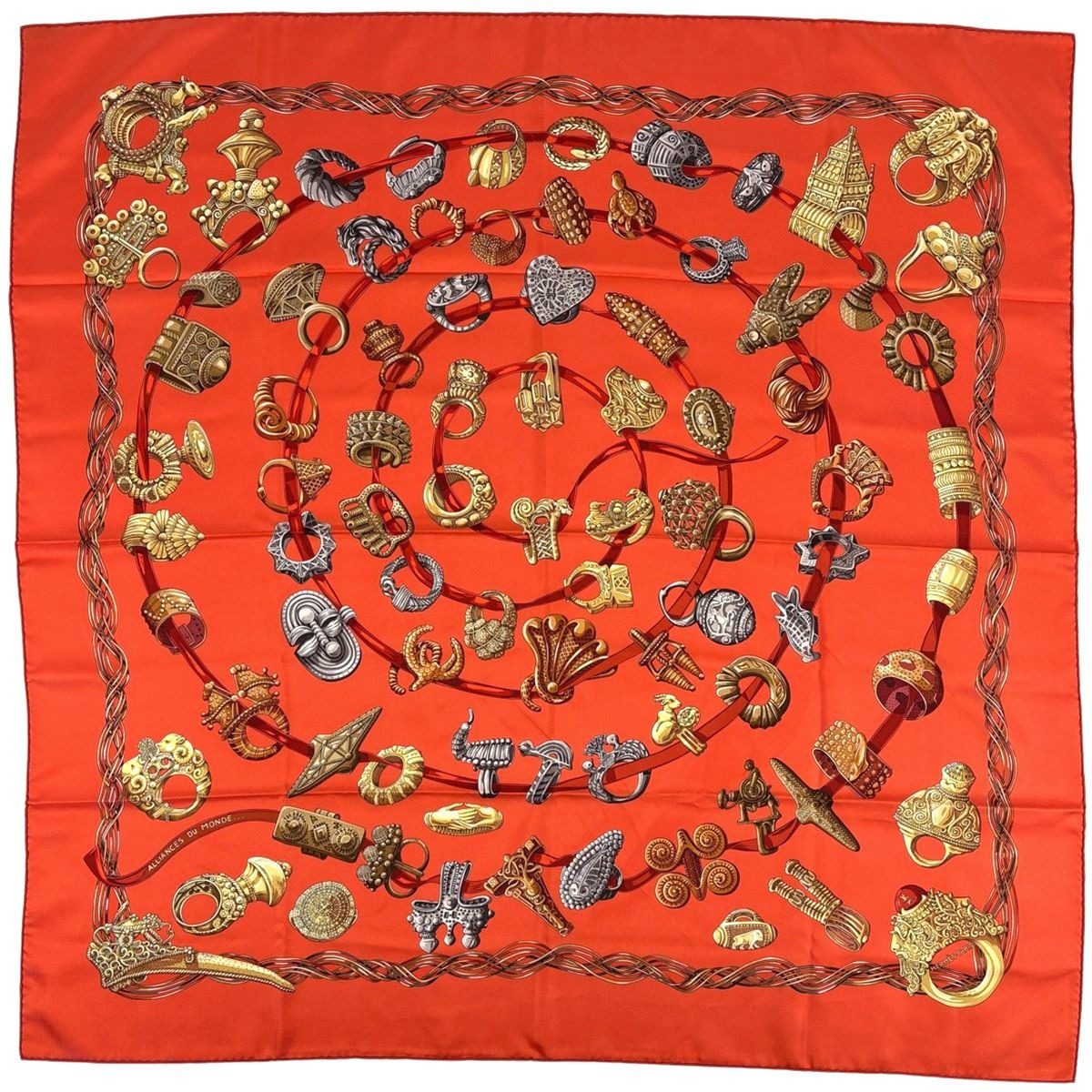 Hermes Carre 90 Alliances du Monde Rings of the World Scarf Silk Orange Brown