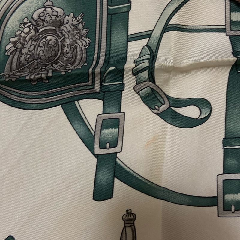 Hermes Scarf Carré 90 White Green And Pink Harnais DE COUR / Harness Silk