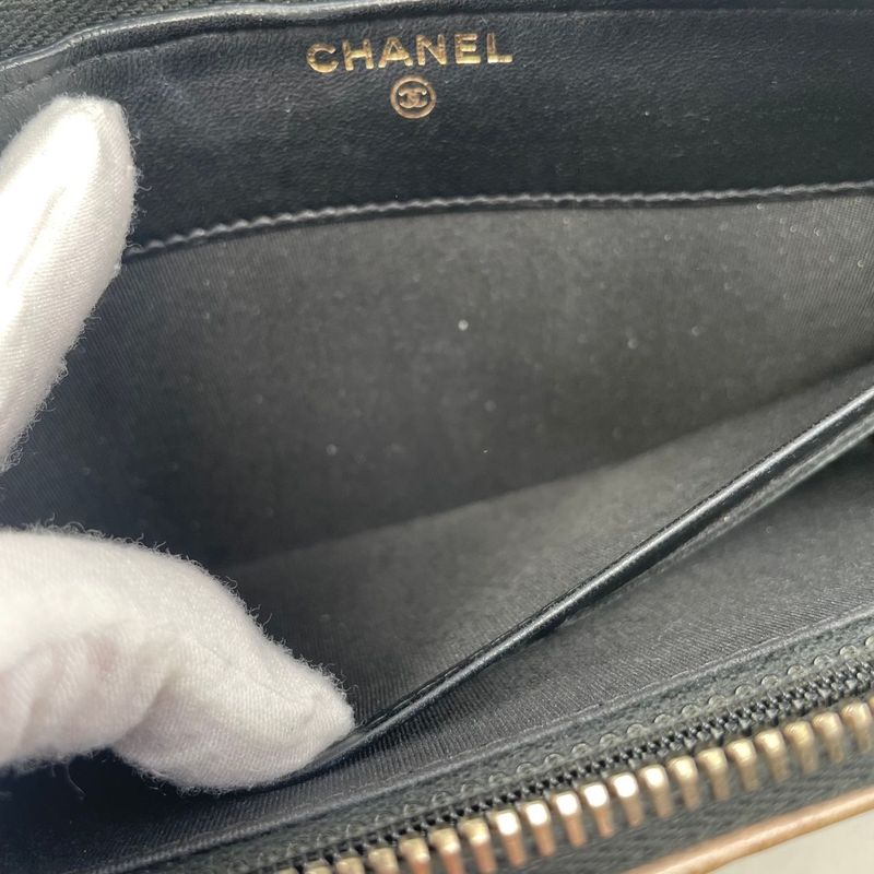 Em0840 Chanel Women's Long Wallet Pearl Zippy Wallet Black Beige
