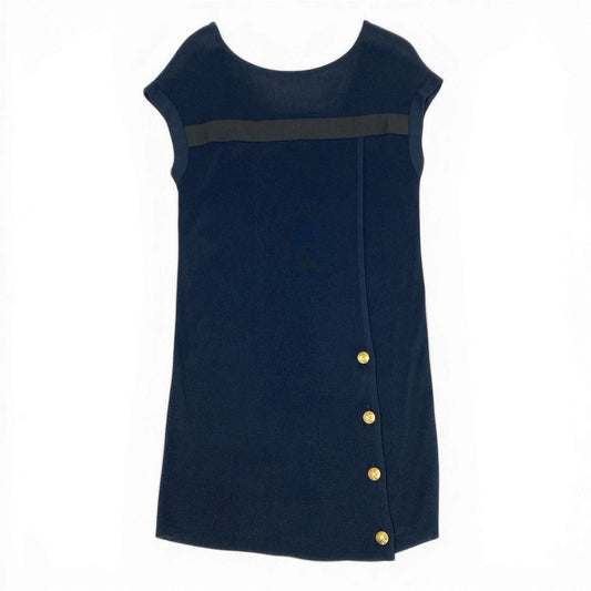 Chanel Vintage CC Logo Gold Button Summer Knit Dress Sleeveless Navy