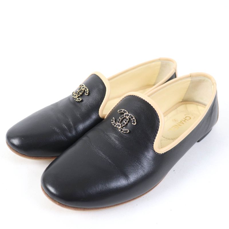 CHANEL 17G G31630 Flat Leather Shoes With Coco Mark Black Beige 34.5 With Box