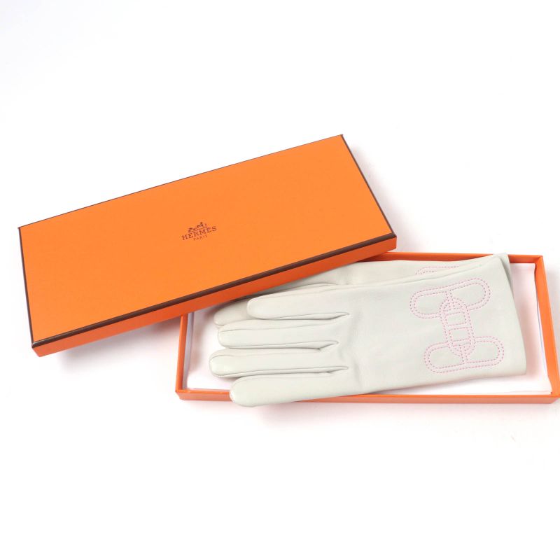 Hermes Lamb Leather Lined 100% Silk Chaine D'ancre H Motif Gloves Light Gray