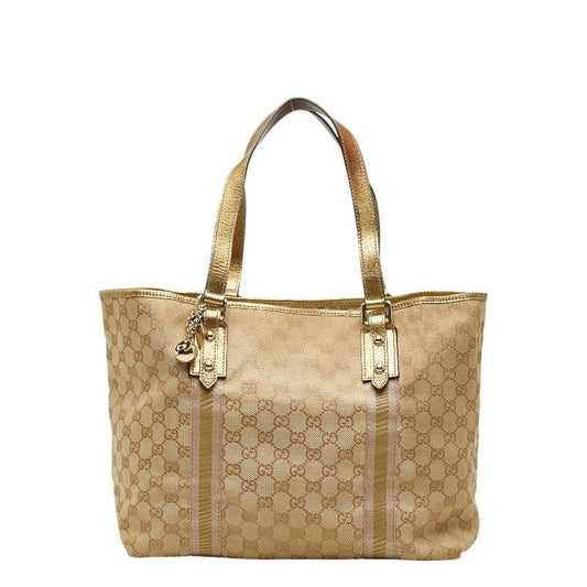 Gucci GG Canvas Sherry Line Tote Bag Handbag Brown Gold Leather