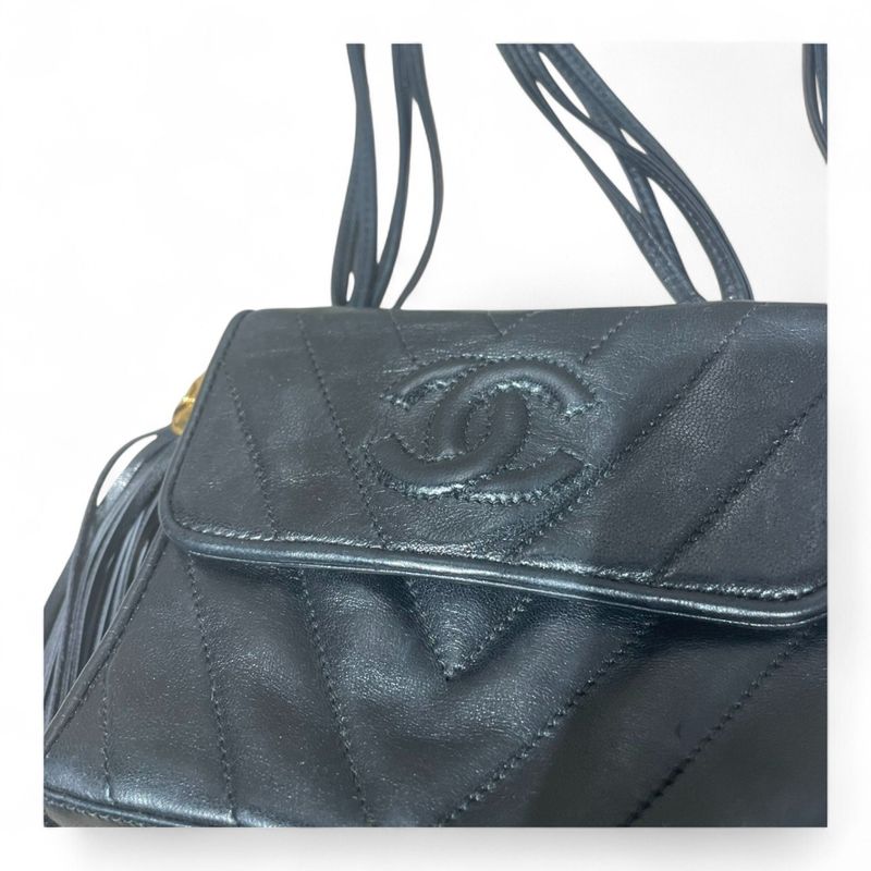 Chanel ⑤ Tassel Mini Shoulder Bag Women Black FREE