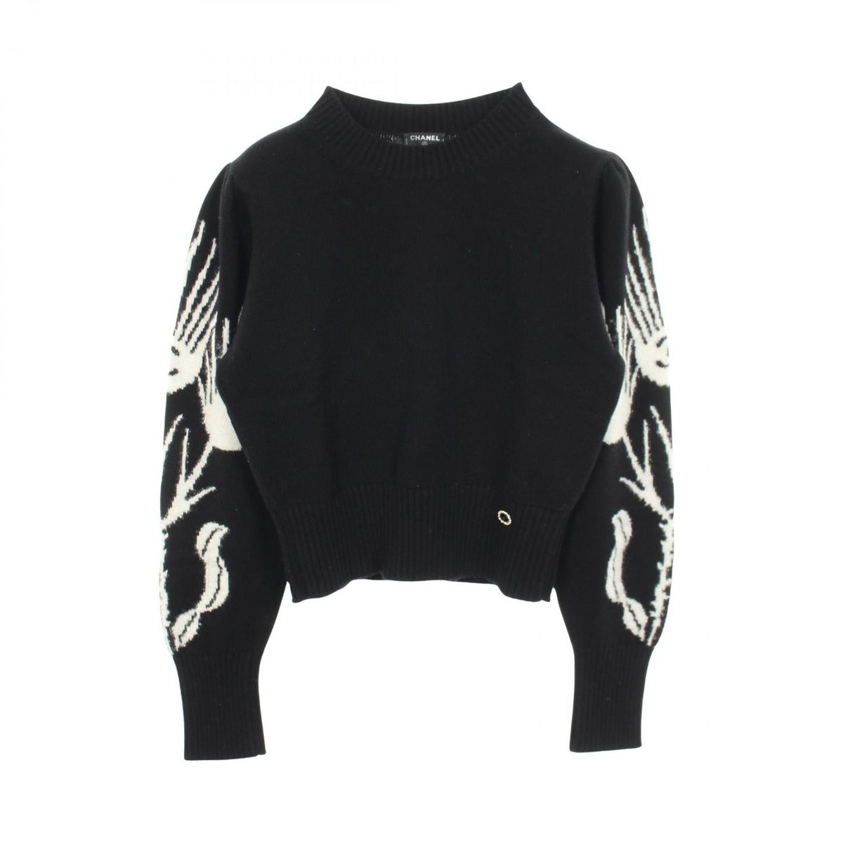 Chanel Knit CC Logo Flower Black Cashmere Silk