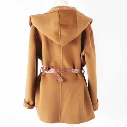 Louis Vuitton 1a8262 Wool Silk Lined Monogram Pattern Hooded Wrap Coat Camel 42