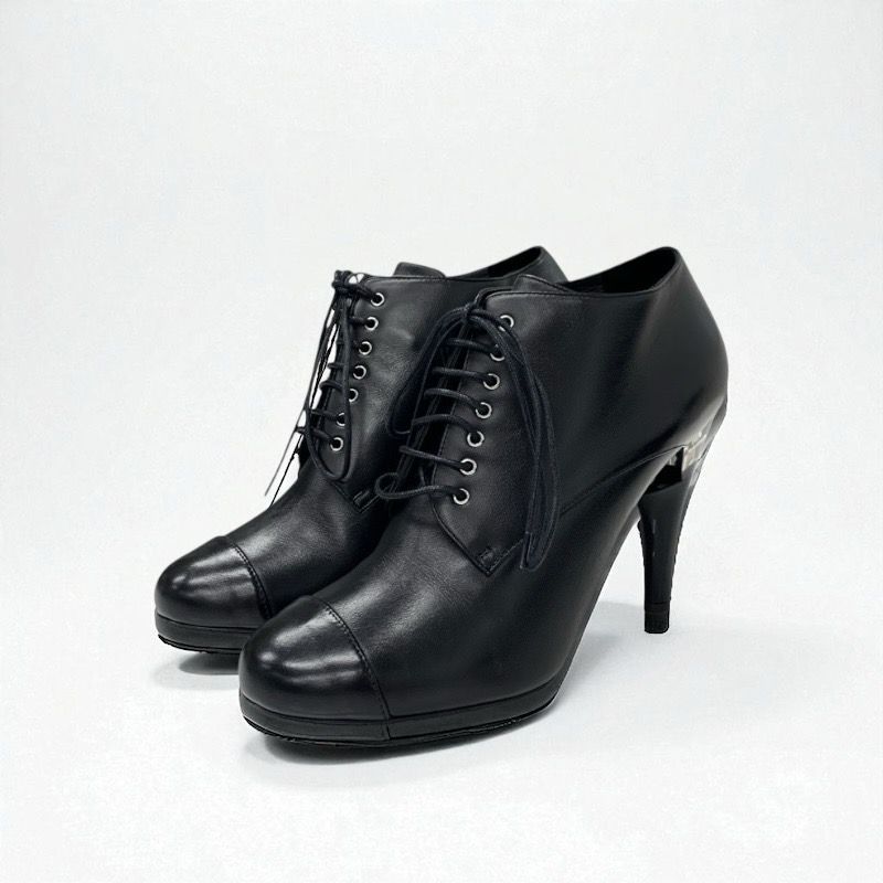 Chanel Boots Short Boots Shoes Leather Black Lace Up Pearl Booties