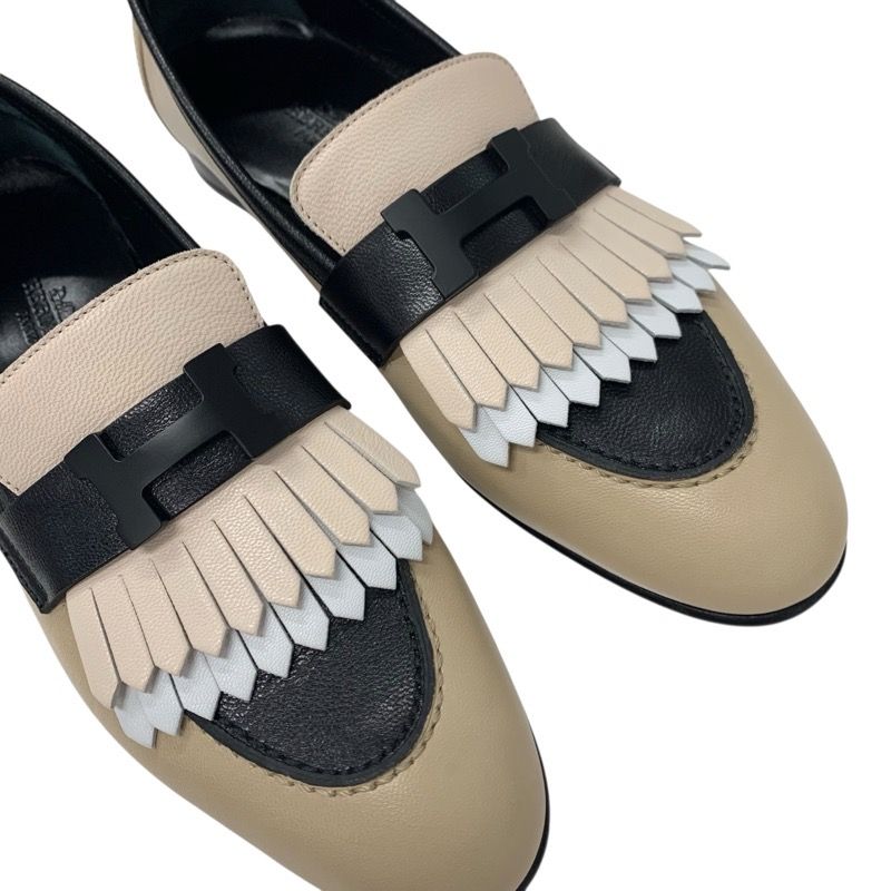 Hermes Royal Loafer Leather Shoes Leather Beige Black White Hhardware Constance