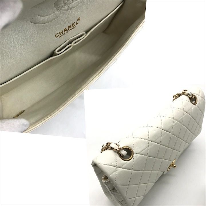 Chanel CC Logo Turnlock Lambskin Double Flap Chain Shoulder Bag White