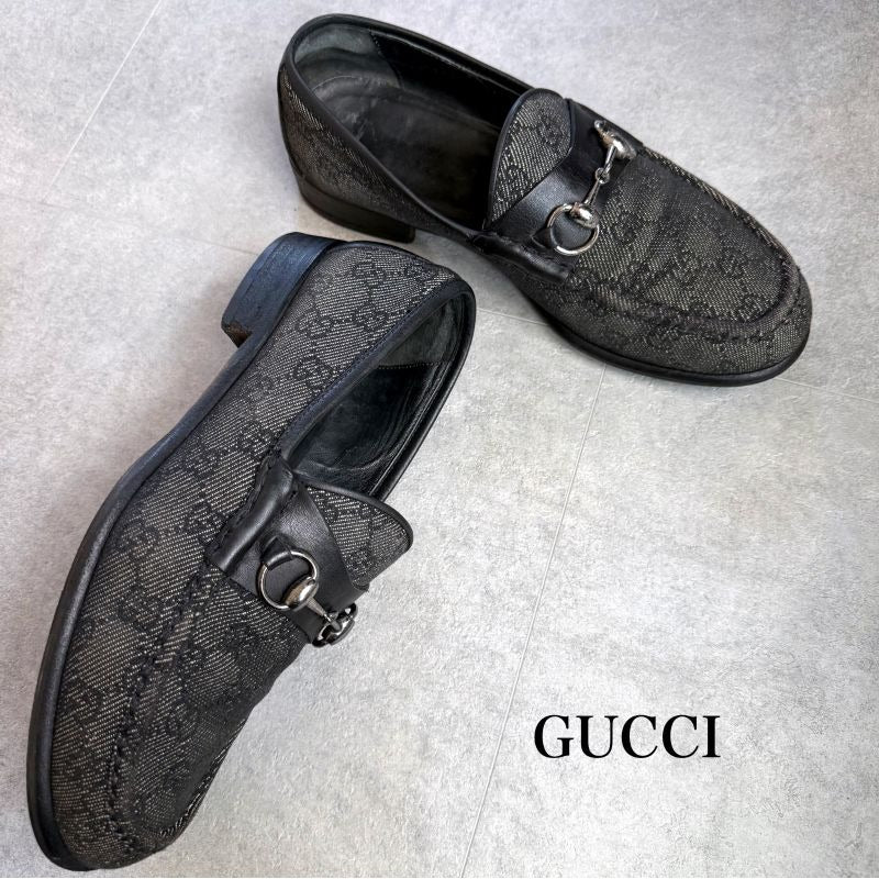 Gucci Horsebit Loafer GG Canvas Leather Black Silver Hardware 41 1 2 E