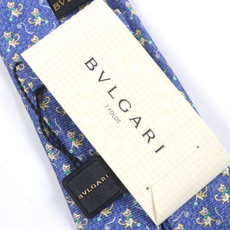  Bvlgari 100% Silk All-over Cat Wool Ball Tie Blue With Box Made In Italy