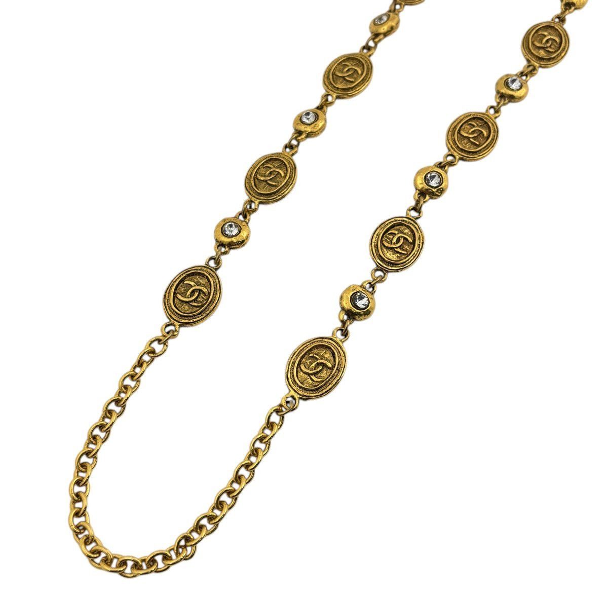 Chanel CC Logo Line Stone Necklace Long Gold Plated