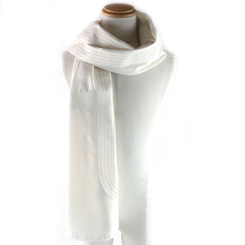 Hermes 100% Silk H Motif Perforated Lamb Leather Used Stole Shawl Ivory With