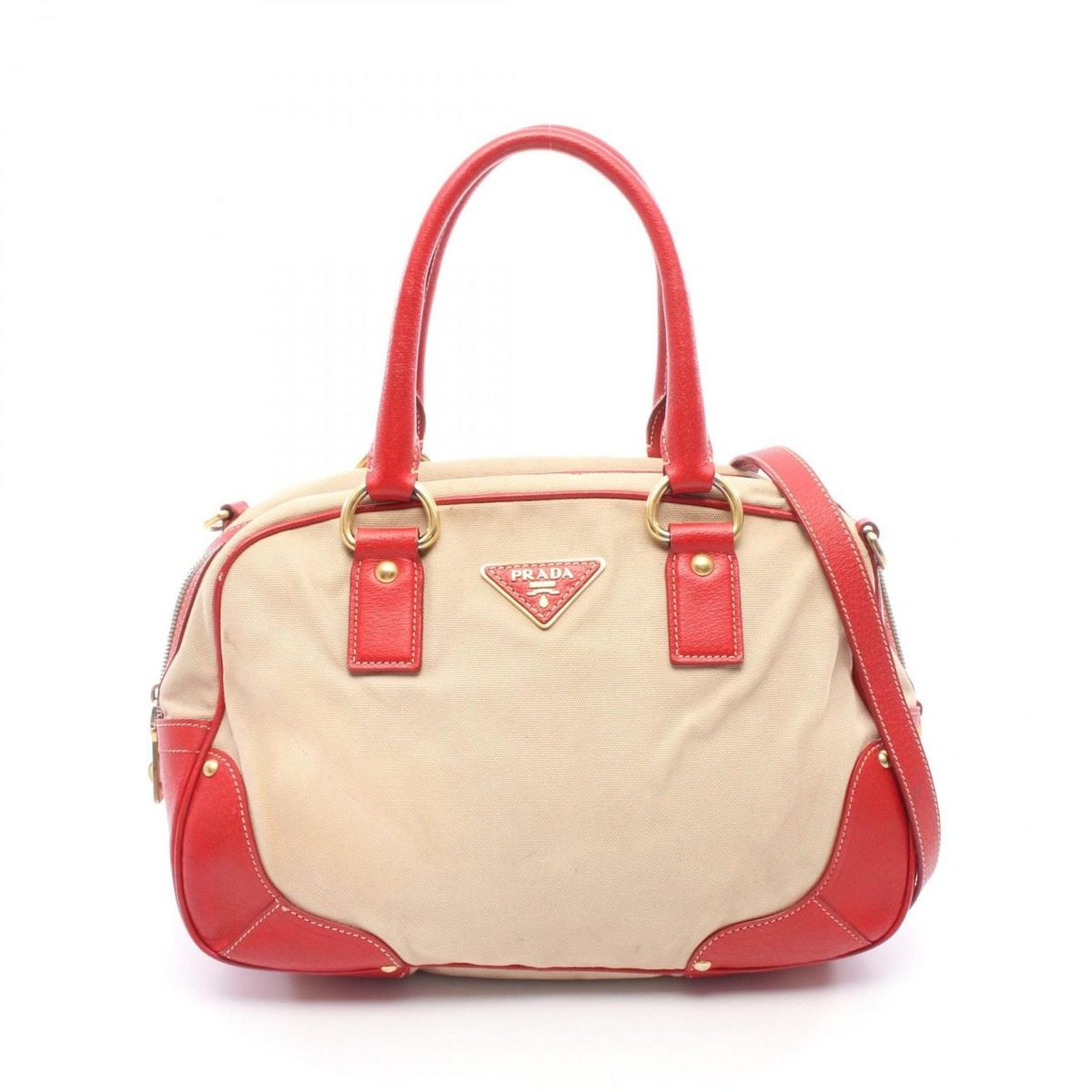 Prada Handbag 2-Way Beige Red Canvas Leather Shoulder
