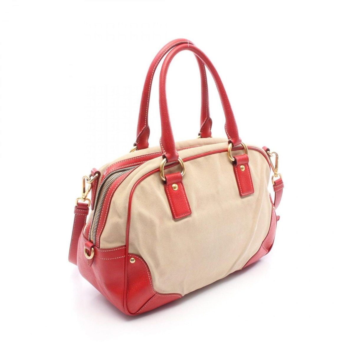 Prada Handbag 2-Way Beige Red Canvas Leather Shoulder — view 2