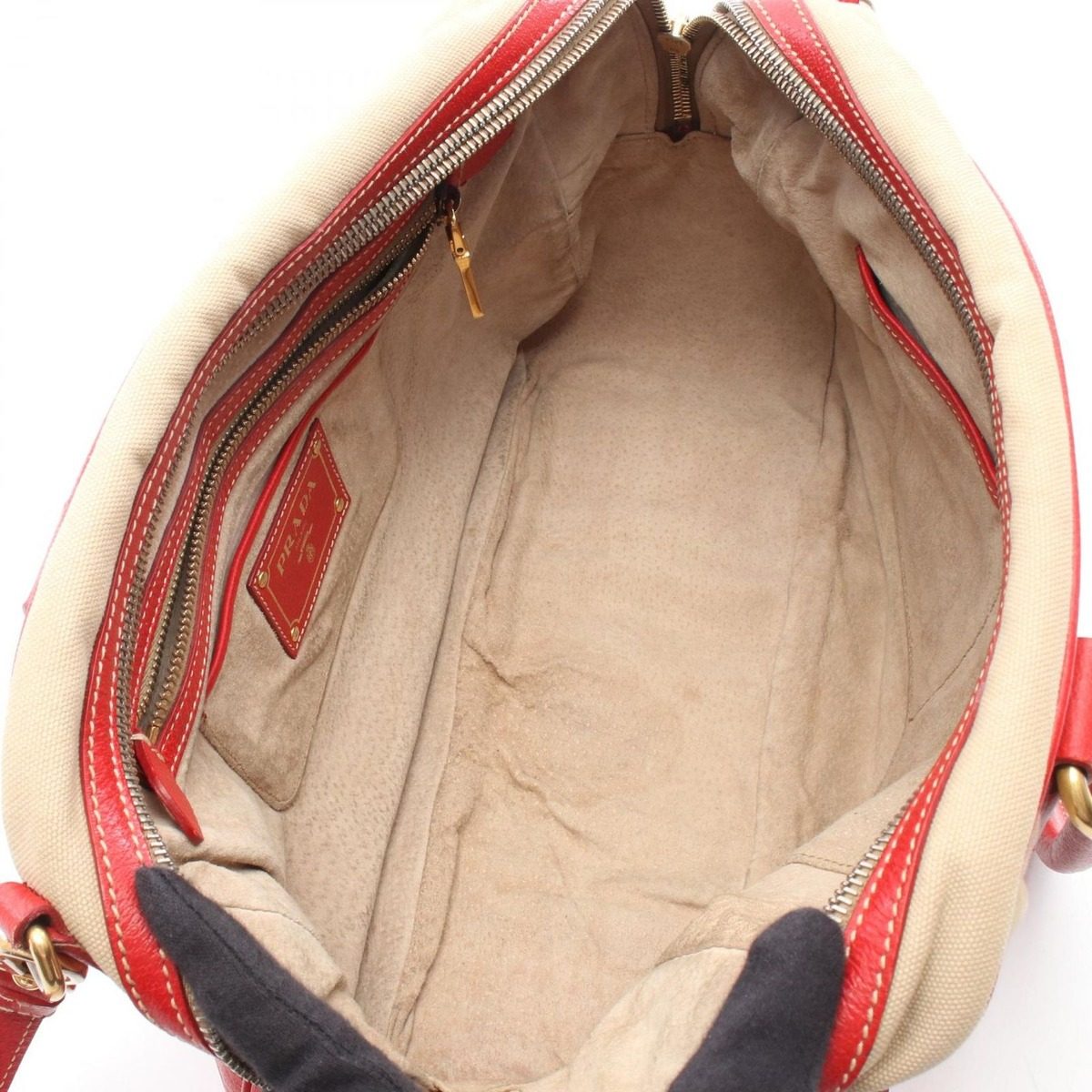 Prada Handbag 2-Way Beige Red Canvas Leather Shoulder — view 3