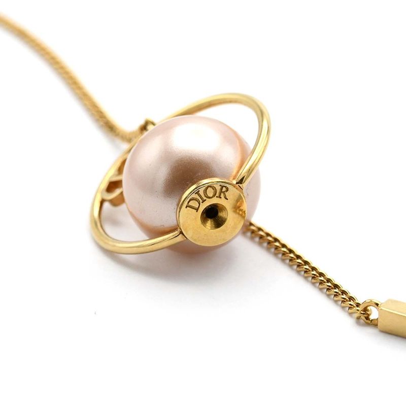 Christian DIOR Tribal Earrings Resin Pearl CD Logo Chain Pink GP 7.3g Box With