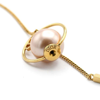 Christian DIOR Tribal Earrings Resin Pearl CD Logo Chain Pink GP 7.3g Box With