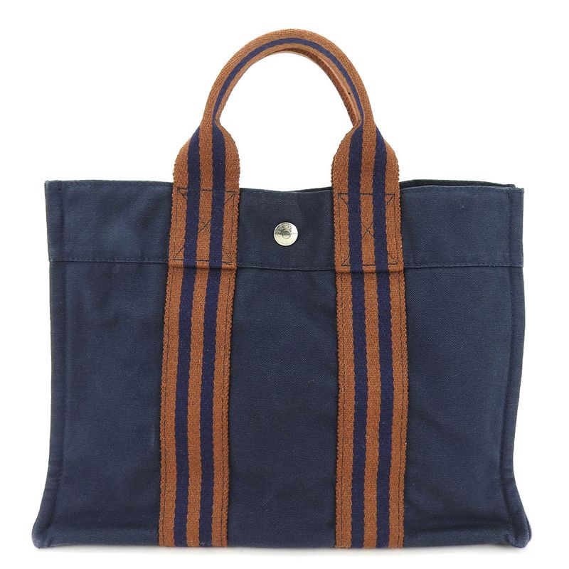 Hermes Tote Bag Fourre Tout PM Canvas Navy Brown Silverhardware Casual Usual