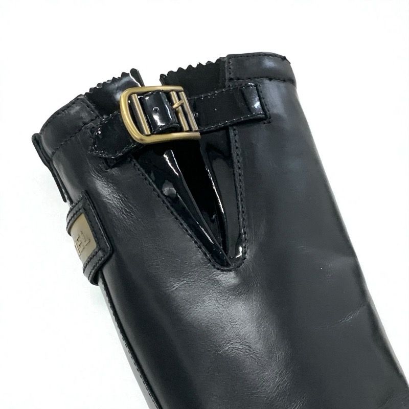 Chanel Boots Long Boots Shoes Leather Patent Black Gold Logo