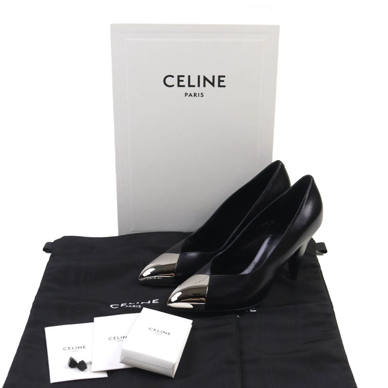 Celine 790810 Metal Toe Leather Pumps Black Silver 35 Storage With Bag Made In