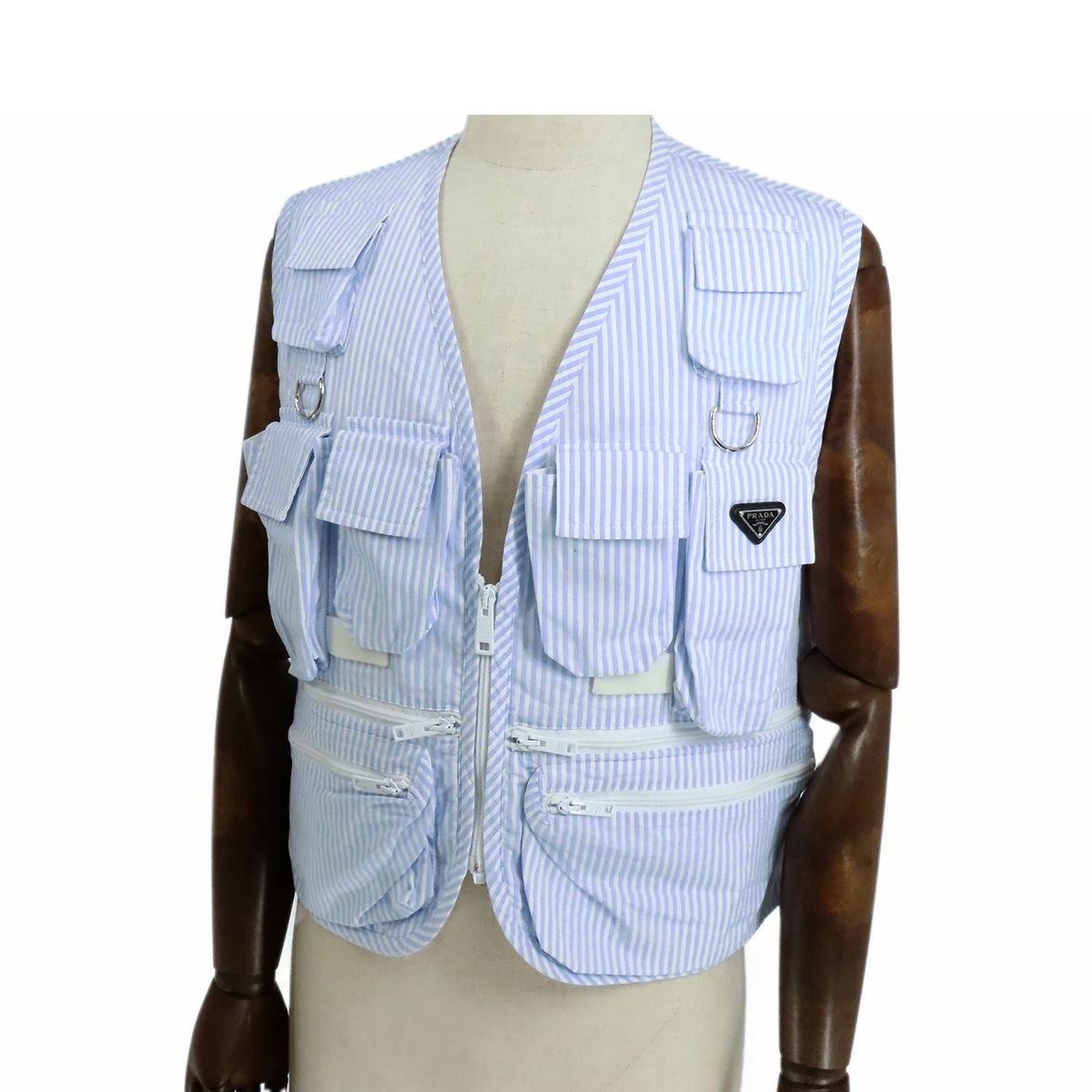 Prada Fishing Vest Light Blue White Cotton Striped Top S