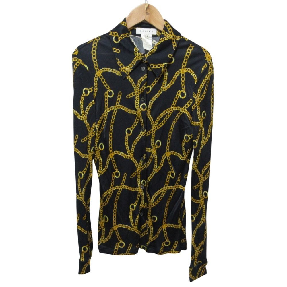 Celine Chain Pattern Long Sleeve Stretch Shirt Blouse 34 Black Yellow