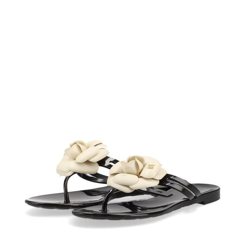 Chanel Coco Mark Camellia Rubber Sandals 35 Black And White