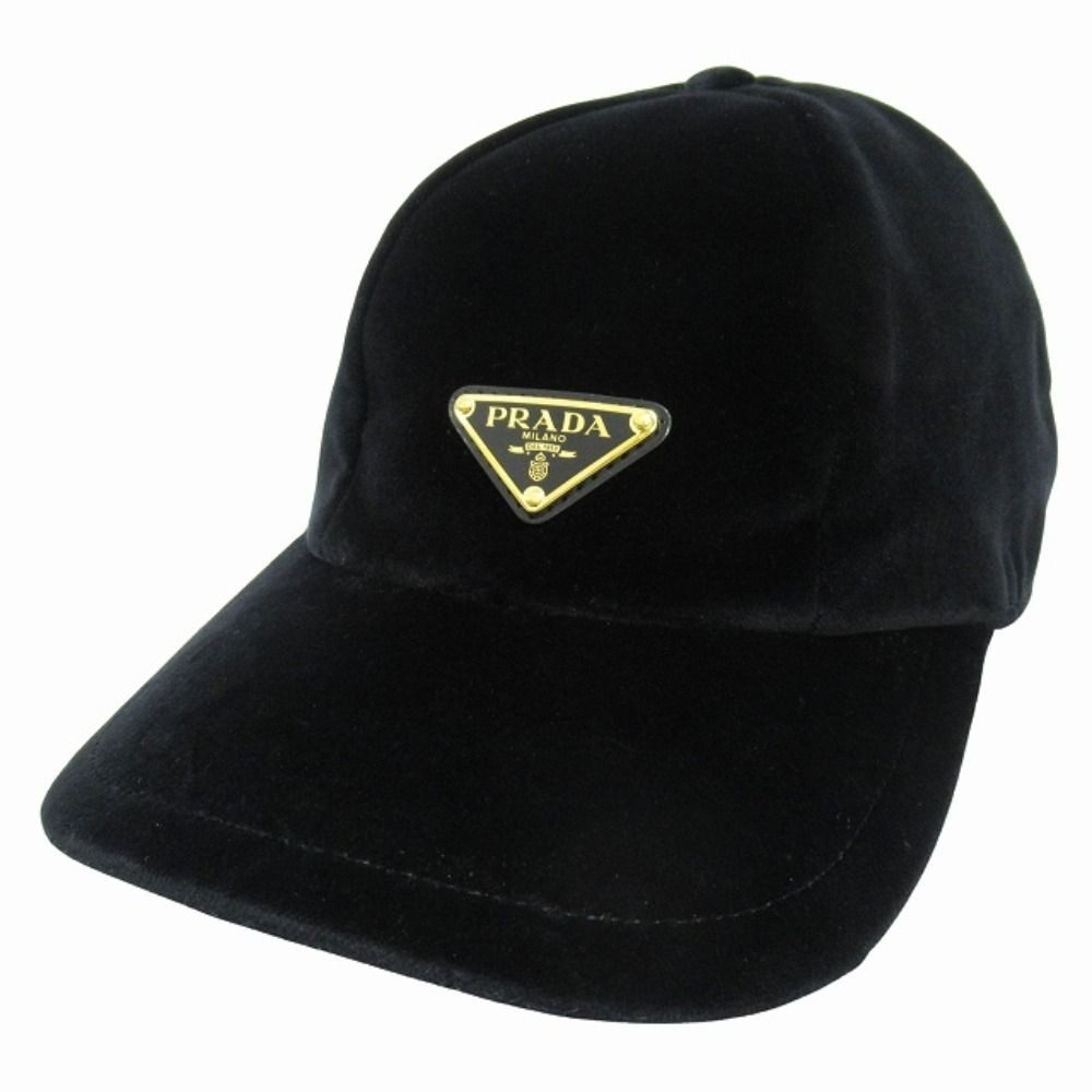 Prada Velvet Baseball Cap Hat Triangle Logo M Black