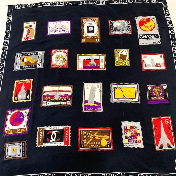 Chanel CC Logo Large Scarf Silk Worl Pattern Black Red White