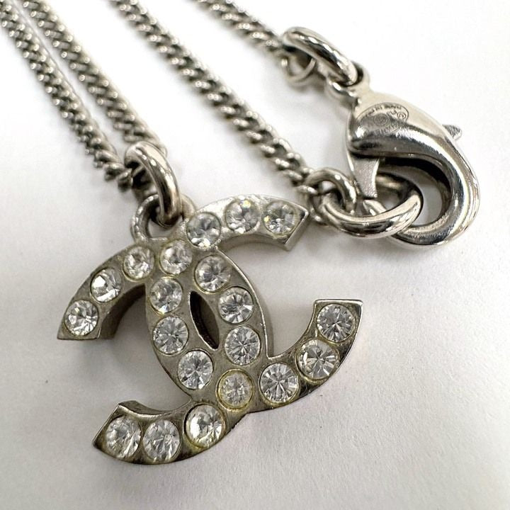 Chanel Necklace CC Logo Rhinestone Silver