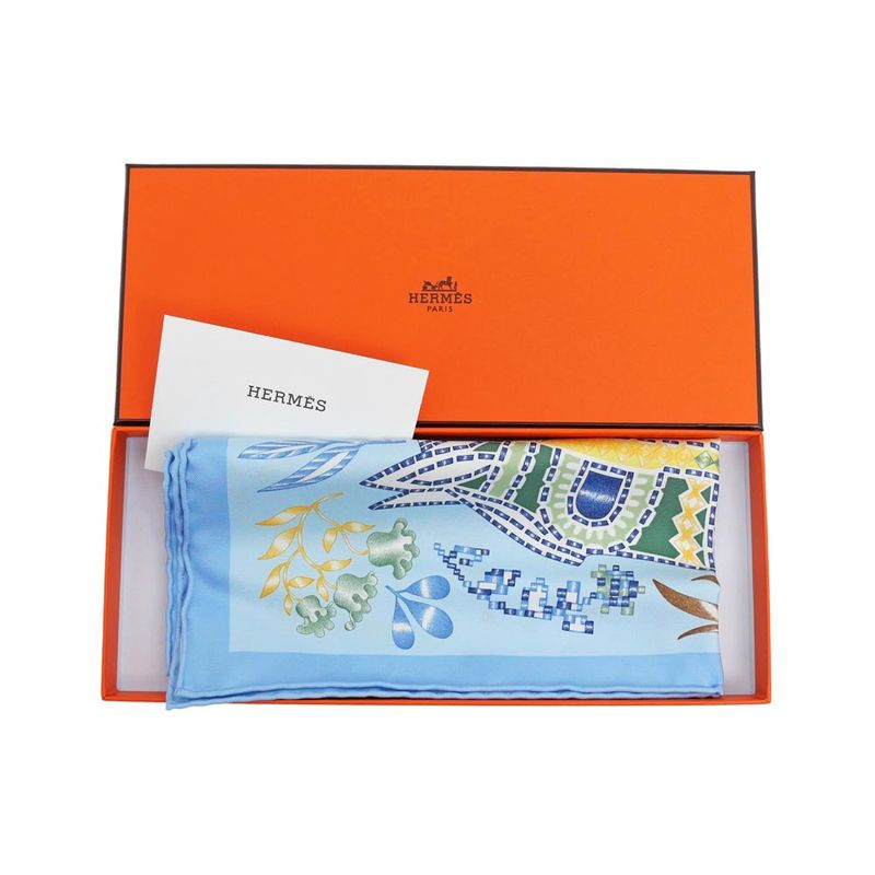 Hermes Carre 45 Scarf EN Attendant Ulysse Silk Light Blue Bandana
