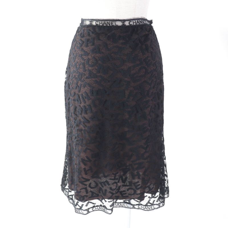 CHANEL Vintage 98A P11845 All Logo Lace Knee Length Tight Skirt Black 38 Made
