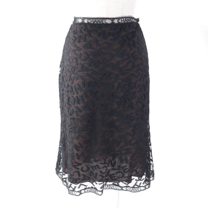 CHANEL Vintage 98A P11845 All Logo Lace Knee Length Tight Skirt Black 38 Made