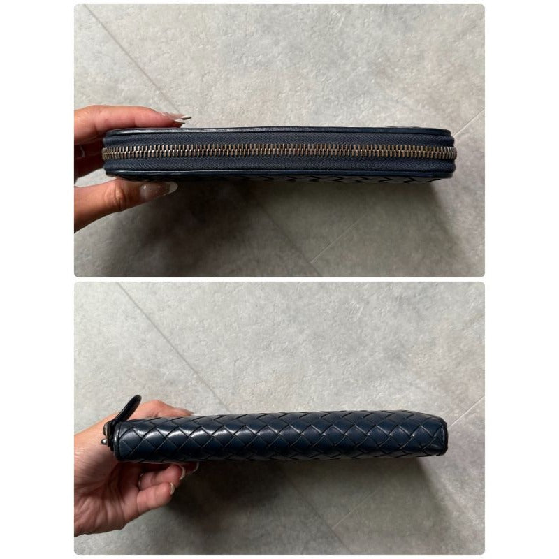 Bottega Veneta Round Zipper Long Wallet Intrecciato Calf Leather Navy — view 6