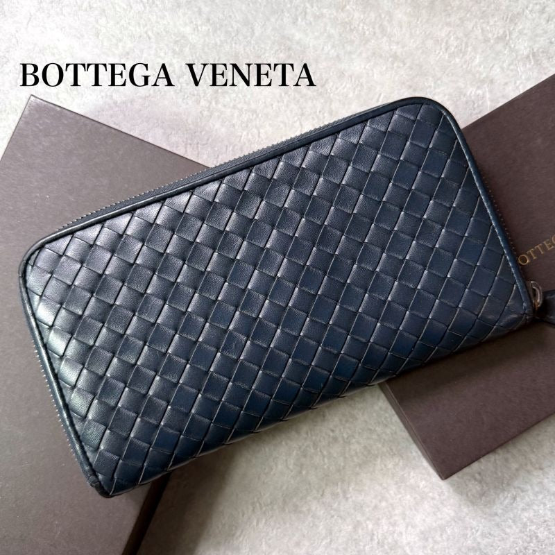 Bottega Veneta Round Zipper Long Wallet Intrecciato Calf Leather Navy