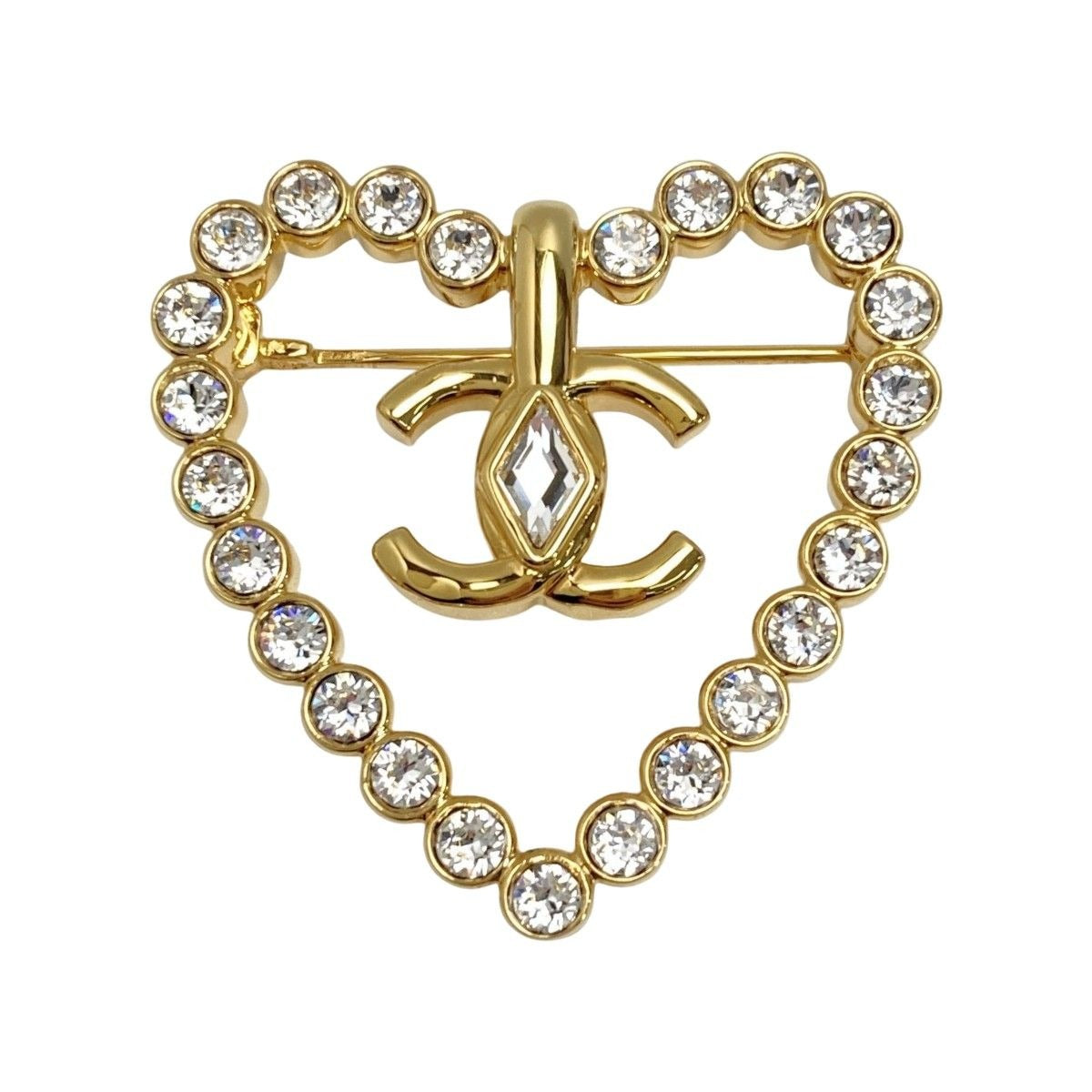 Chanel Coco Mark Heart Brooch L23 C Gold GP Rhinestone